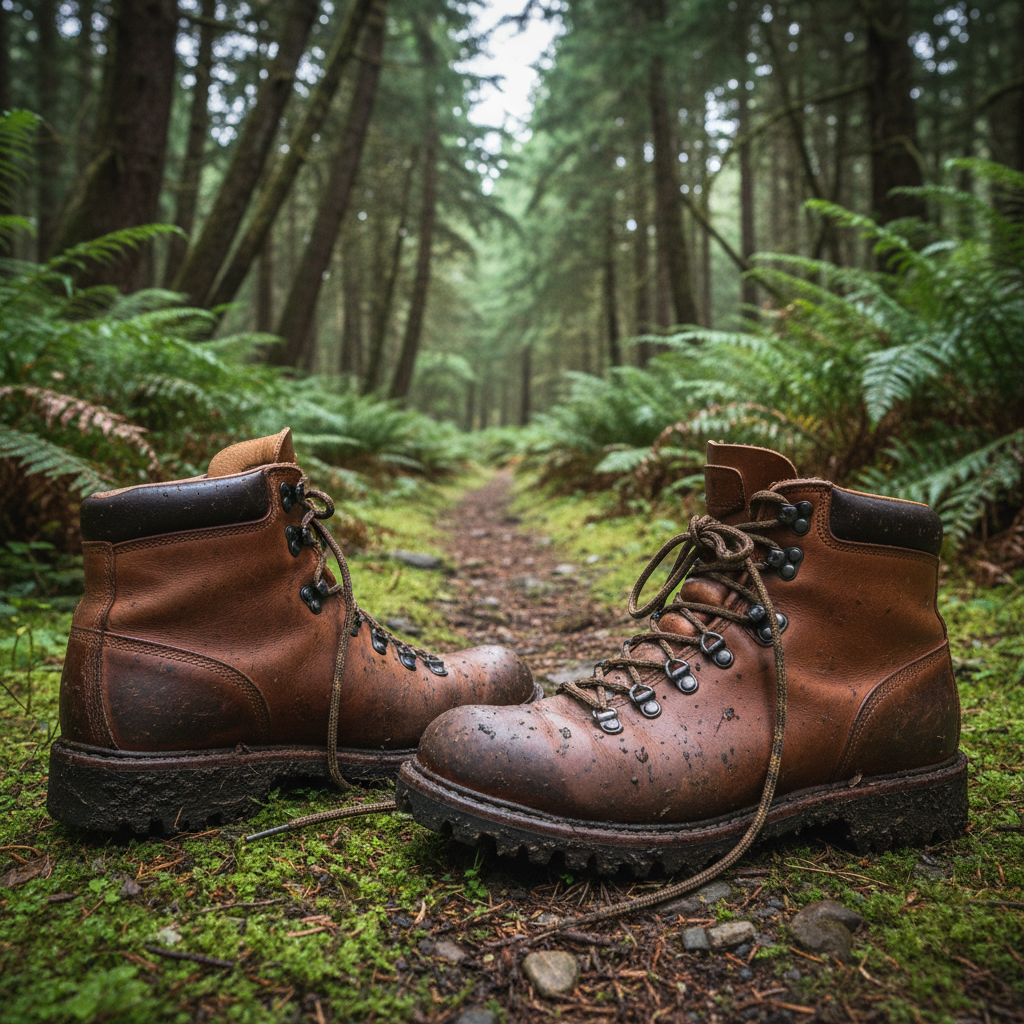 A pair of mud-splattered, high-quality leather hiking boots positioned at the mouth of a narrow forest trail, their laces loosely draped across mossy ground. Tiny pebbles and pine needles cling to the tread, and droplets of recent rain bead on the darkened leather. The trail disappears into a lush, green woodland tunnel framed by ferns and towering evergreens. Soft overcast light filters through the canopy, creating an even, muted illumination with delicate, dappled shadows on the forest floor. Photographic realism, shot from a low, close-up angle with the boots dominating the foreground and the path leading away in gentle blur, emphasizing depth and journey. The atmosphere is quietly adventurous and grounded, evoking the start of a thoughtful, exploratory hike.