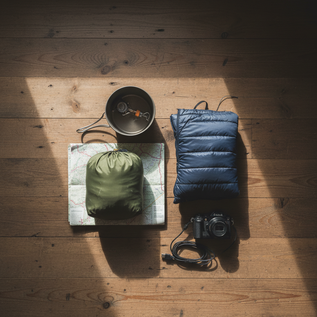 An organized flat lay of essential lightweight backpacking gear arranged on a rustic wooden cabin floor: a compact ultralight tent, neatly folded down jacket, titanium cooking pot with a tiny stove nestled inside, trail map with marked routes, and a small weatherproof camera. Each item shows careful, minimal wear that suggests frequent but respectful use. Soft window light spills in from the left, casting gentle, angled shadows that accentuate the textures of ripstop nylon, brushed metal, and paper. Photographic realism, shot from a true bird’s-eye view with crisp, even focus across the entire frame, creating a clean, editorial aesthetic. The mood is practical yet aspirational and sophisticated, conveying intentional packing for a multi-day adventure while hinting at stories behind each carefully chosen piece of gear.