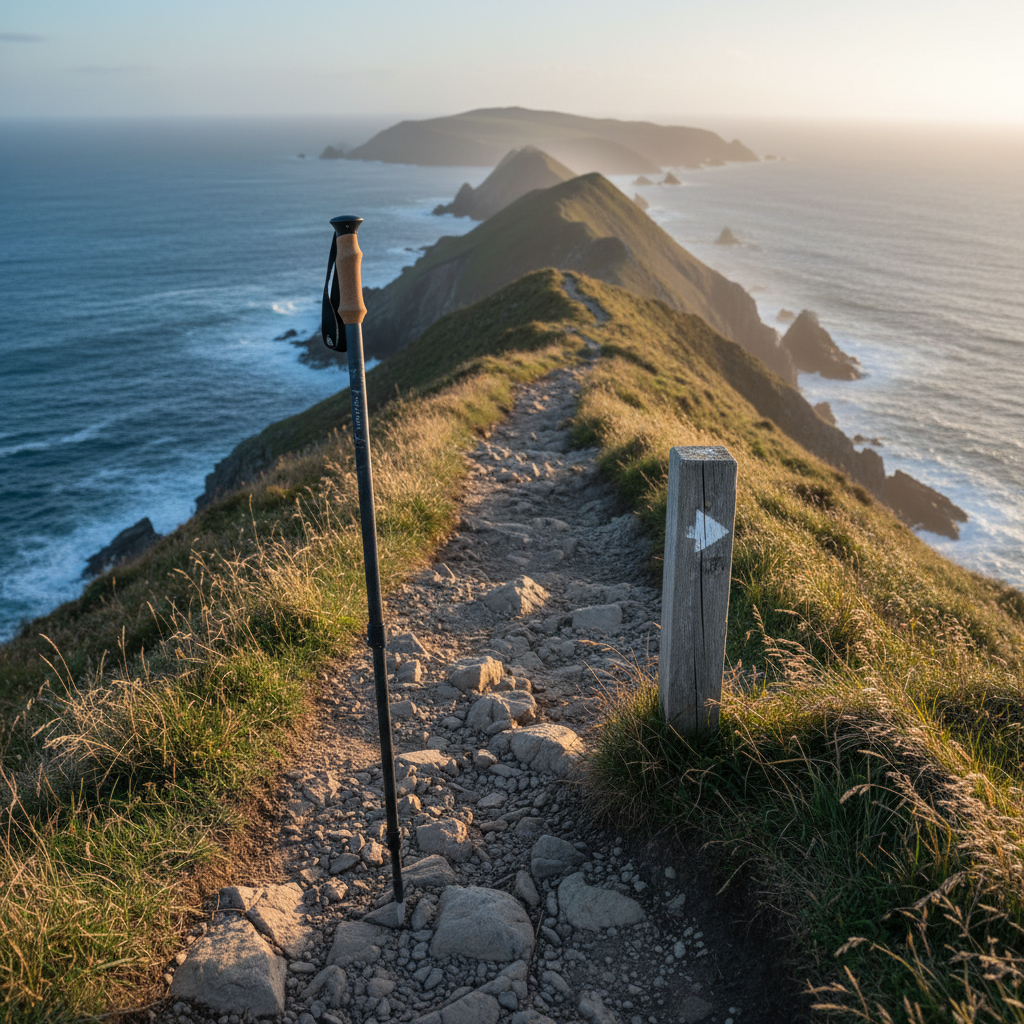 A narrow ridgeline trail winding along a dramatic coastline, with a sleek graphite trekking pole planted firmly in the foreground beside a small, weathered trail marker. Short coastal grasses bend slightly in a steady breeze, their muted greens and golds contrasting with the deep blue of the ocean far below. Late-afternoon sun creates a warm, golden rim light along the pole’s carbon fiber texture and picks up subtle highlights in the rocky path. Wisps of sea spray hang in the distance, softening the horizon. Photographic realism, composed with the trekking pole in the lower third and the trail leading the eye toward distant cliffs, using a moderate depth of field. The mood is expansive yet controlled, suggesting confident navigation and thoughtful exploration along exposed, beautiful terrain.