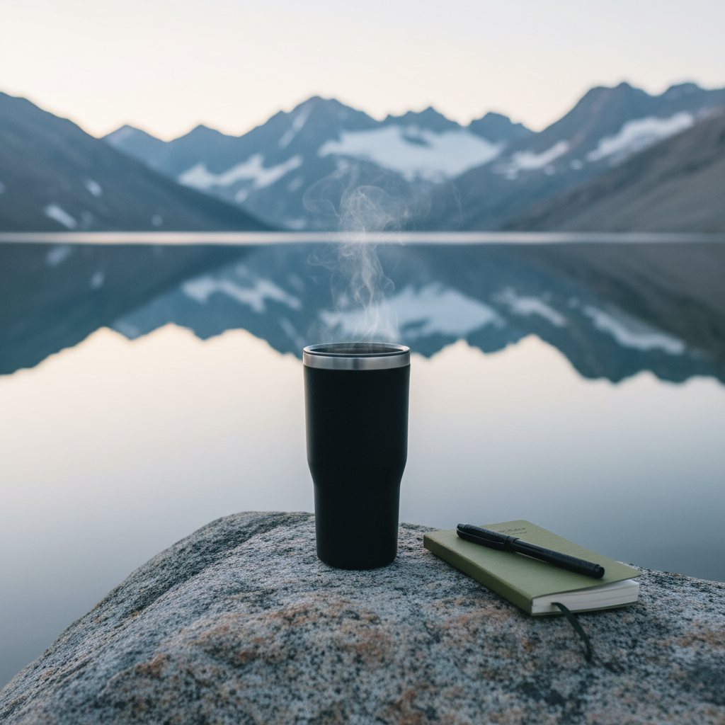 A slim, matte-black insulated travel mug standing on a smooth granite boulder at the edge of an alpine lake, faint steam rising into the crisp morning air. Beside it lies a compact field notebook and pen, their covers slightly curled from dampness. The lake water is glassy and still, perfectly reflecting snow-dusted peaks and a pale, early-morning sky. Cool, diffused dawn light washes the scene, creating subtle highlights along the mug’s metallic rim and soft reflections on the stone. Photographic realism, composed using the rule of thirds at eye level with a shallow depth of field that keeps the foreground sharp while the mountains blur softly. The mood is serene, introspective, and refined, suggesting quiet moments of reflection during an outdoor journey.